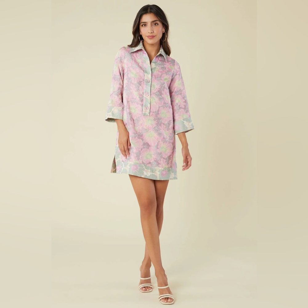 NWT Abbey Glass Piper Jacquard Floral Print V-Neck 34 Sleeve Caftan Mini Dress - Picture 2 of 15